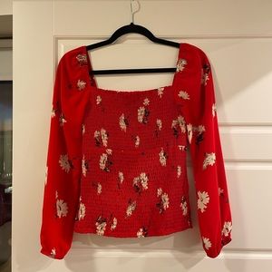 Red Floral Smocked Top